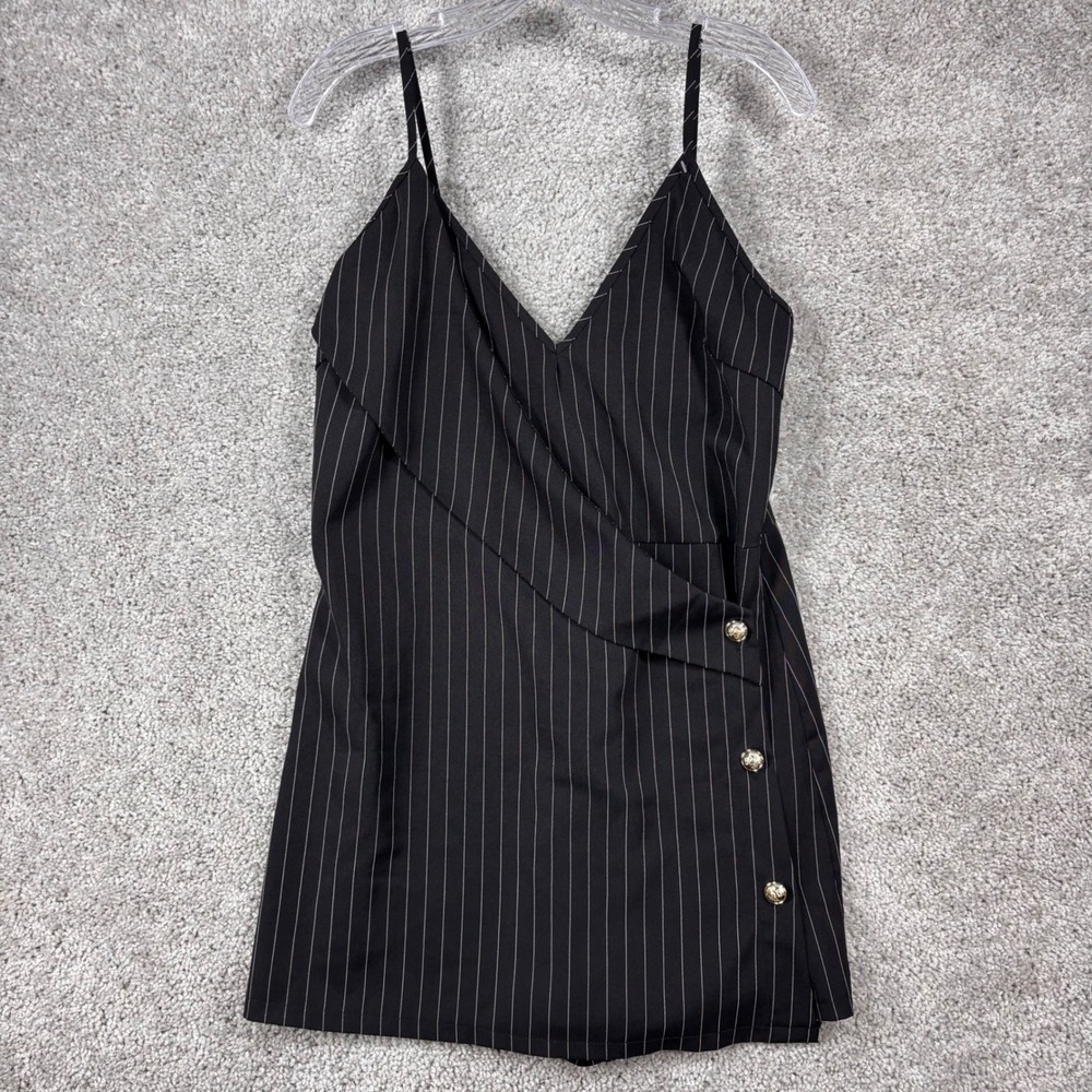 Missguided Womens Black Pinstripe Wrap Front Romper Gold Buttons US 8 WXP9663603